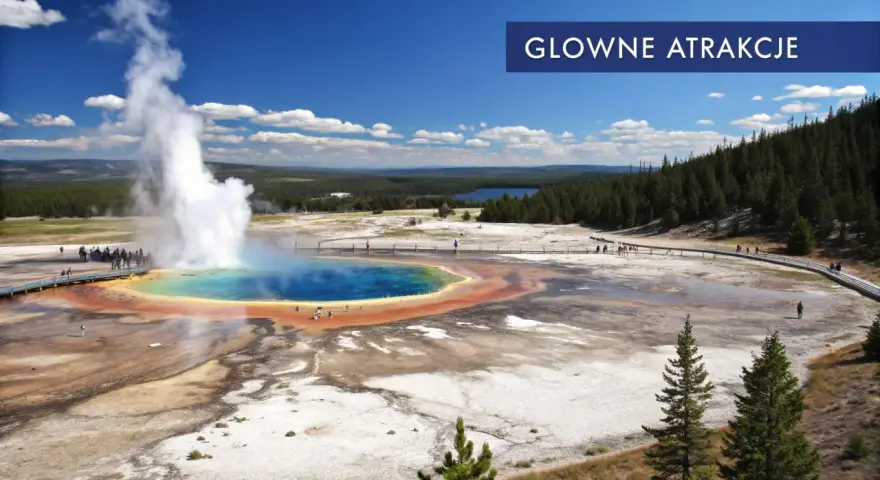 Wielobarwny gorący źródło z wyrzucającą parę wodą w **parku narodowym Yellowstone**. Turyści spacerują po drewnianych kładkach, podziwiając cuda natury.