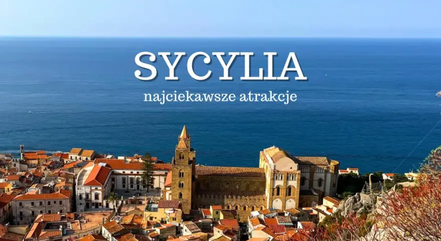 Widok na sycylijskie miasteczko z katedrą i morzem w tle.