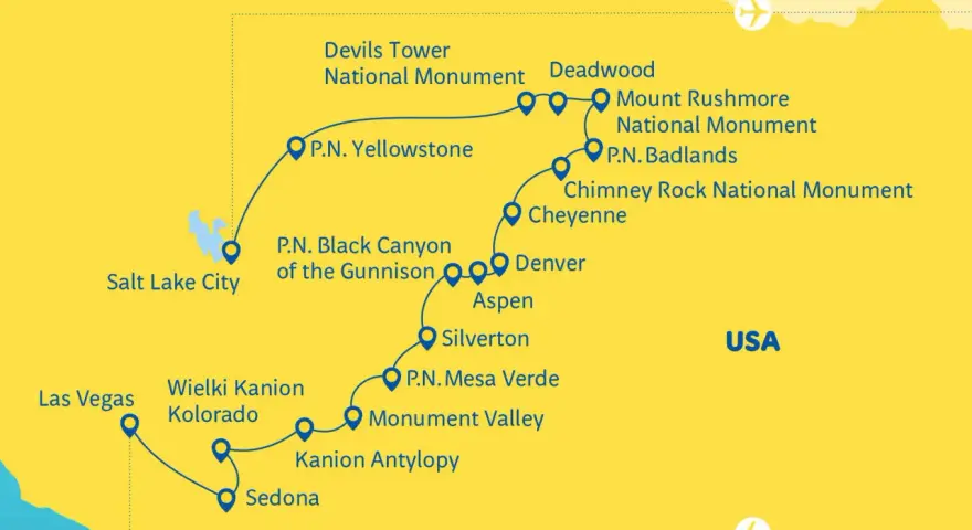 Mapa USA z trasą przez parki narodowe: Yellowstone, Badlands, Mount Rushmore, Wielki Kanion Kolorado, Mesa Verde i inne.