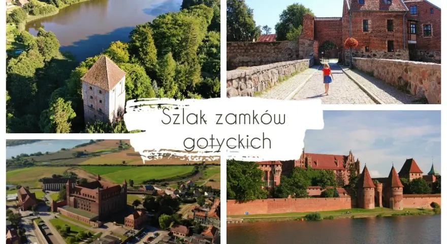 Kolaż zdjęć przedstawiający zamki i wieże obronne w otoczeniu przyrody i miasteczek.