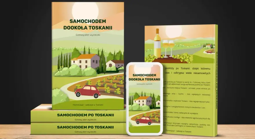 Ilustracja przedstawia stos książek i telefon z grafiką Toskanii, winnic i czerwonego samochodu.