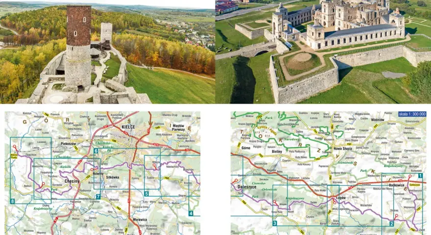 Dwa zamki na tle krajobrazu, z mapą szlaku poniżej.