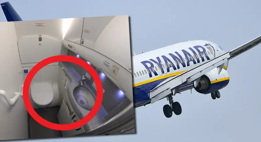 Pierwszy lot samolotem Ryanair. Wnętrze toalety i samolot w locie.