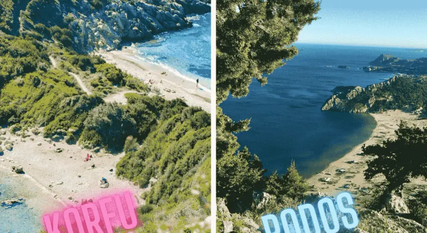 Dwie greckie wyspy: Korfu z piaszczystą plażą i Rodos z zatoką otoczoną wzgórzami.