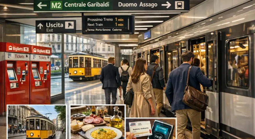Wsiadanie do metra w Mediolanie, obok żółtego tramwaju. W rogu zdjęcie biletu i pysznego risotto.