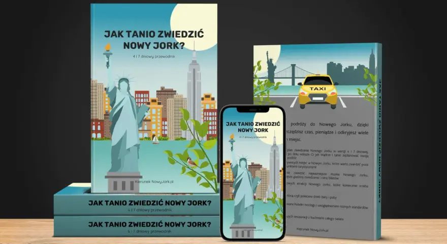Przewodnik "Jak tanio zwiedzić Nowy Jork?" z ikonami Statuy Wolności i Empire State Building. Odkryj najlepsze atrakcje Nowego Jorku!
