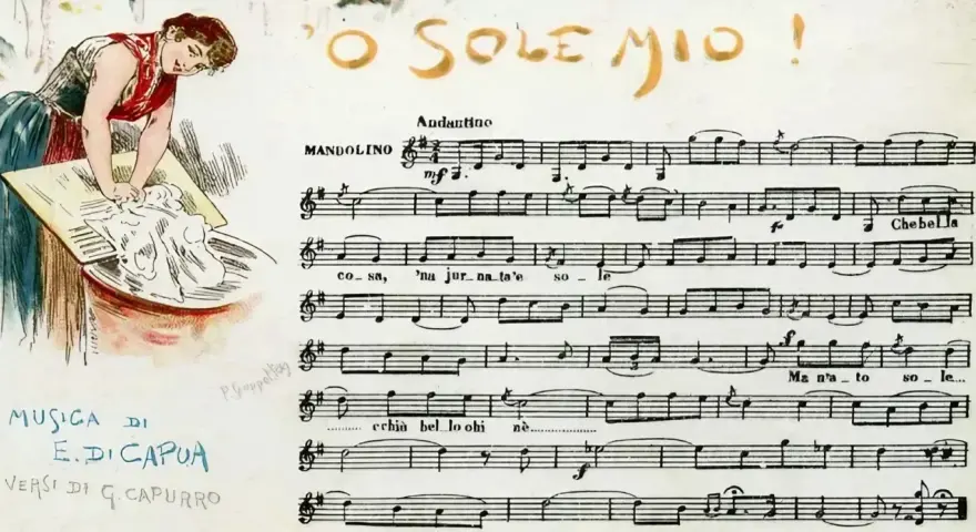 Ilustracja kobiety piorącej przy misce obok nut piosenki "O Sole Mio".