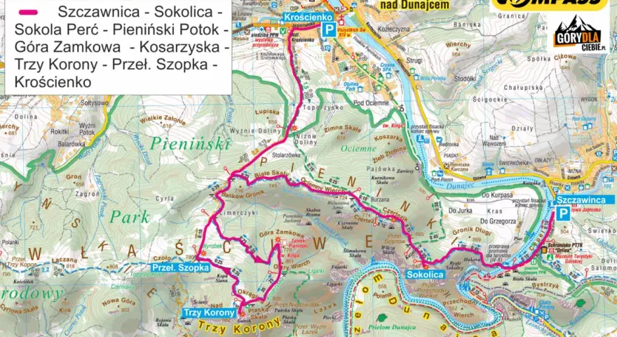 Fragment mapy turystycznej Pienin z zaznaczonymi szlakami i nazwami szczytów: Trzy Korony, Sokolica.