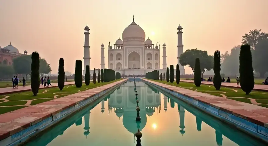 Taj Mahal, jedno z najsłynniejszych budowli świata, odbija się w spokojnej wodzie.