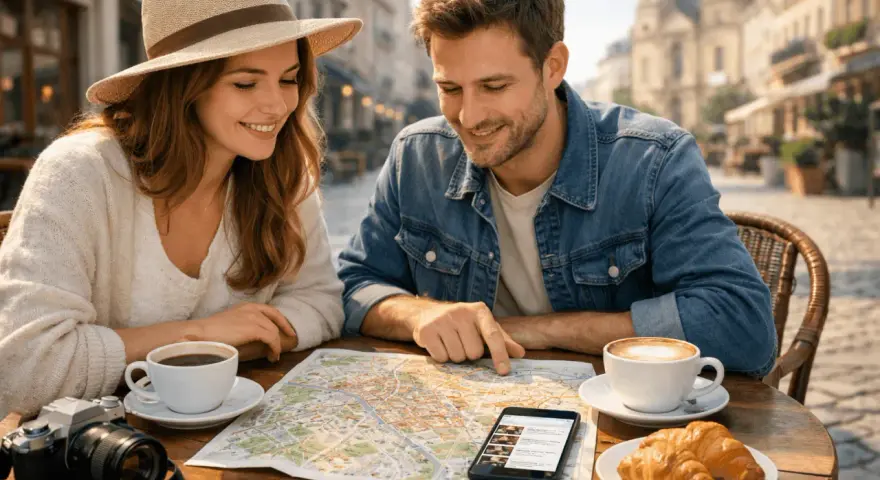Para planuje weekendowy city break, studiując mapę i telefon przy kawie i croissantach.