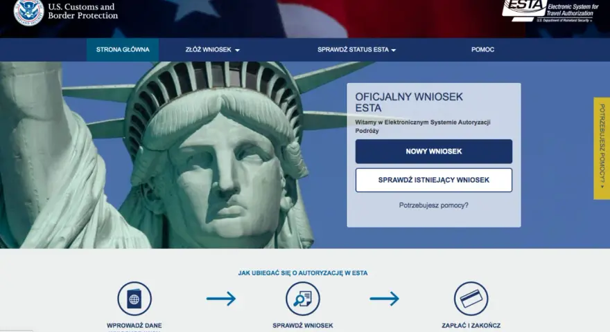 Oficjalna strona ESTA, umożliwiająca złożenie wniosku o autoryzację podróży do USA bez wiz.