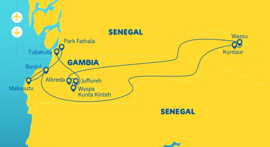 Mapa Gambii i Senegalu z zaznaczonymi atrakcjami turystycznymi i trasami podróży.