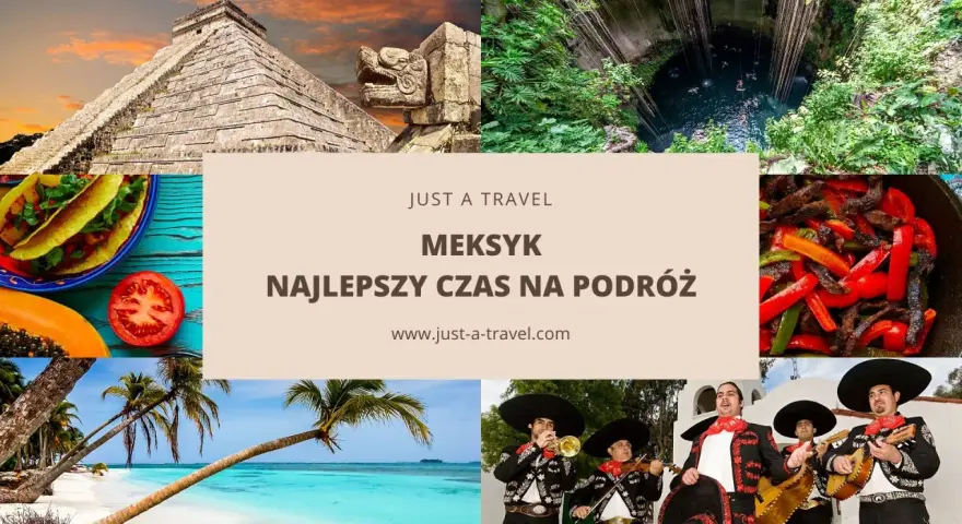 Kolaz z piramidą Majów, cenotem, jedzeniem, plażą i mariachi.