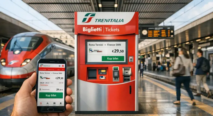 Ręka trzyma smartfon z aplikacją Trenitalia, obok biletomat na peronie. Szybkie pociągi we Włoszech czekają na pasażerów.