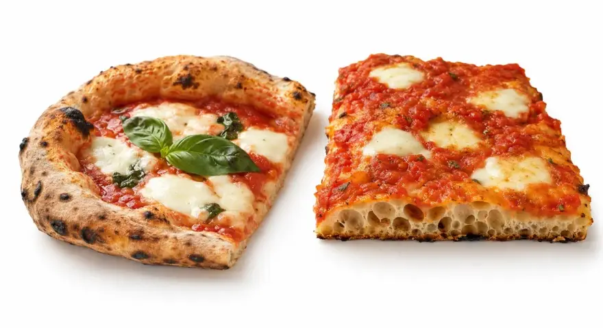 Dwie kromki pizzy: jedna okrągła z bazylią, druga prostokątna. Prawdziwy smak najlepszej pizzy w Rzymie.