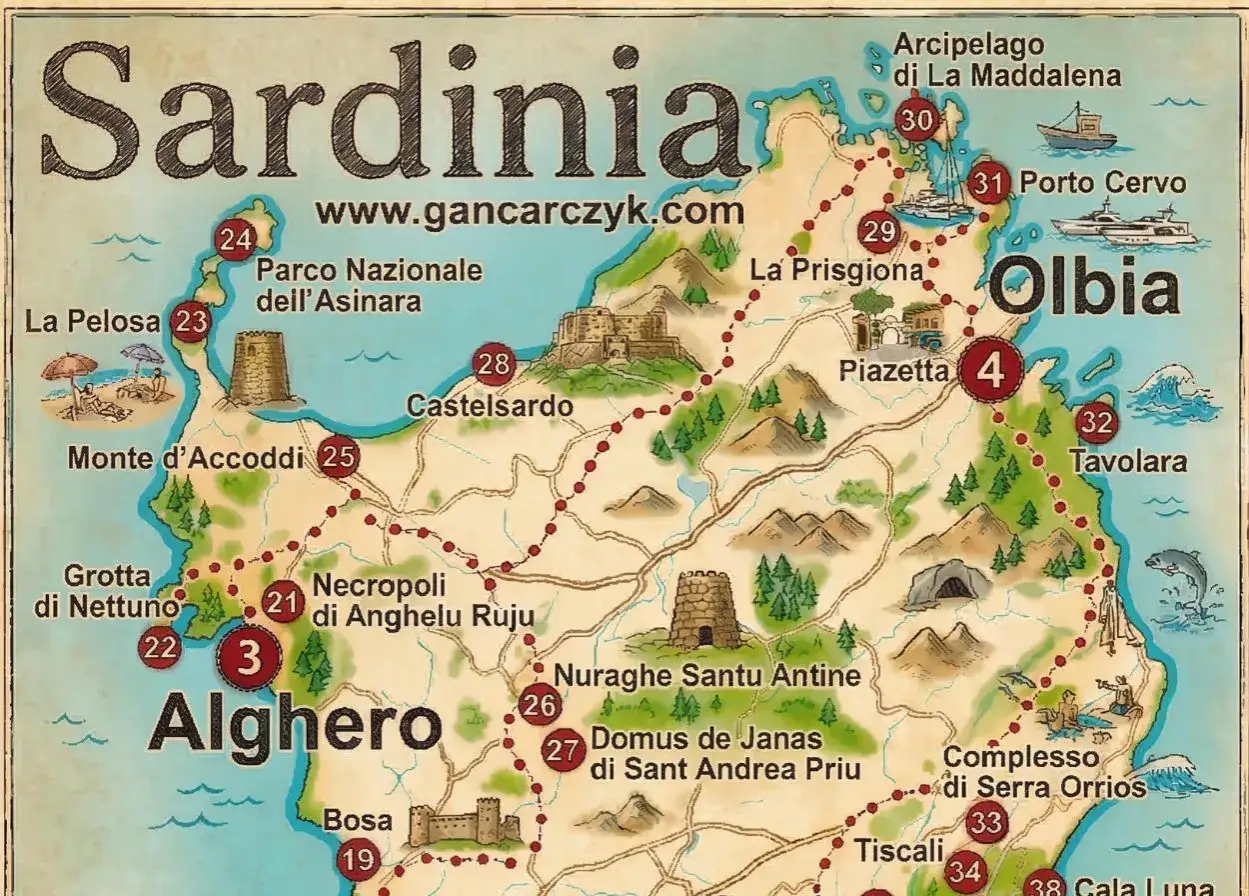 Mapa turystyczna Sardynii, pokazująca gdzie leży ta włoska wyspa, z zaznaczonymi miastami jak Alghero, Olbia i atrakcjami.