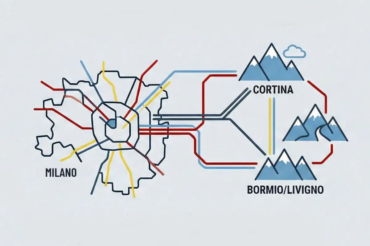 Schematyczne linie łączą Mediolan z górami Cortina i Bormio/Livigno, symbolizując mediolańską komunikację miejską i wyjazdy w Alpy.