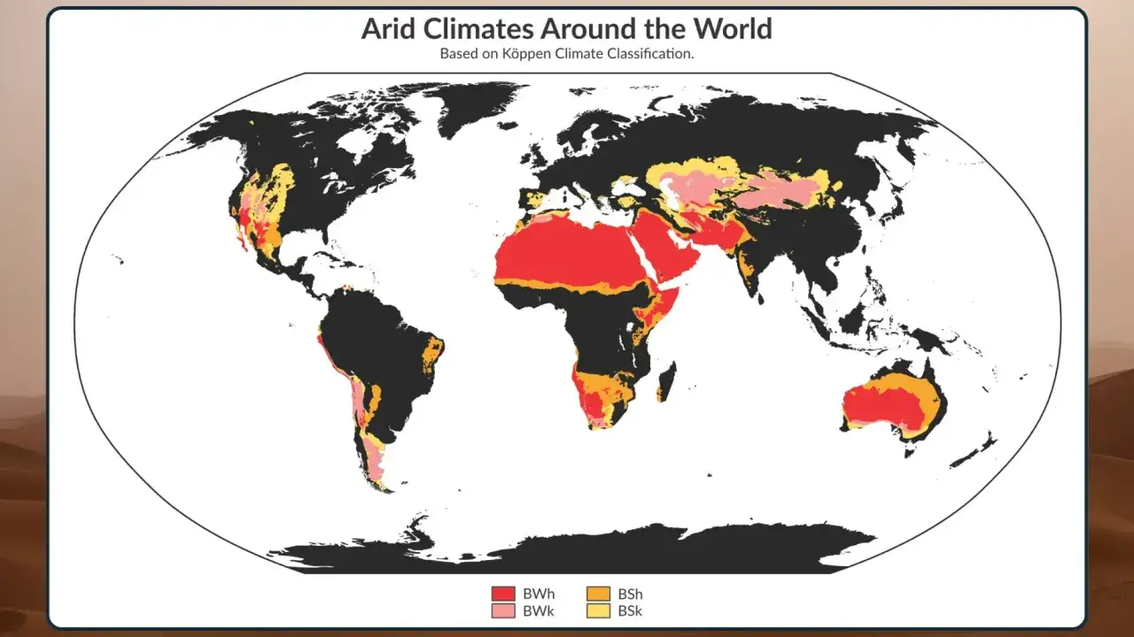Mapa świata ukazująca rozmieszczenie pustyń i klimatów suchych. Dominują czerwone i pomarańczowe obszary, wskazujące na pustynie na świecie.