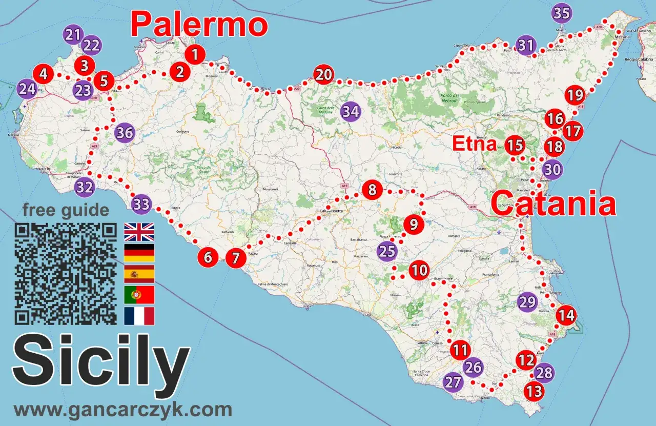 Mapa Sycylii z zaznaczonymi trasami i atrakcjami. Gdzie na Sycylię? Znajdź inspirację na podróż!
