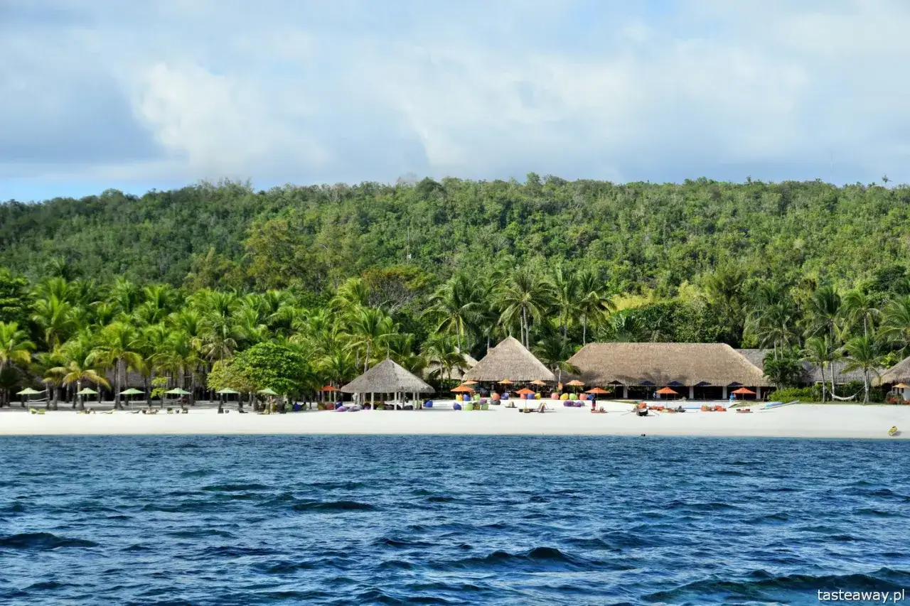 Rajska plaża na Filipinach, z palmami, chatkami z trawy i turkusową wodą. Idealne miejsce, by zobaczyć, co warto na Filipinach.