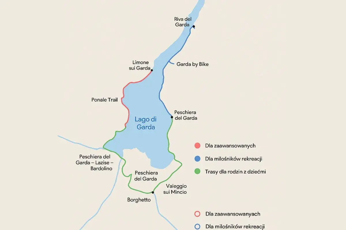 Mapa tras rowerowych wokół Lago di Garda, z zaznaczonymi szlakami dla zaawansowanych, rekreacyjnych i rodzinnymi. Odległe Bergamo jest punktem startowym dla podróży nad jezioro.