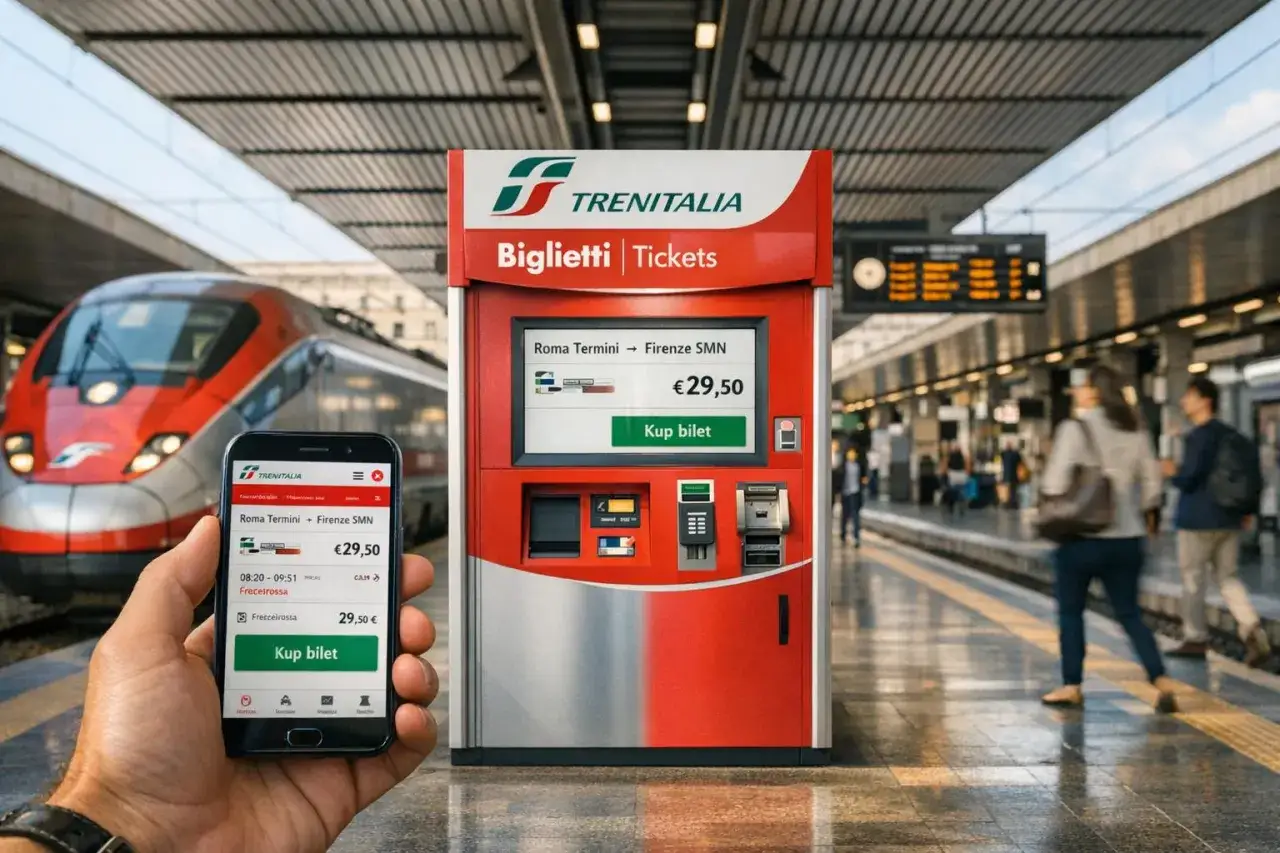 Ręka trzyma smartfon z aplikacją Trenitalia, obok biletomat. Szybkie pociągi we Włoszech czekają na pasażer&oacute;w.