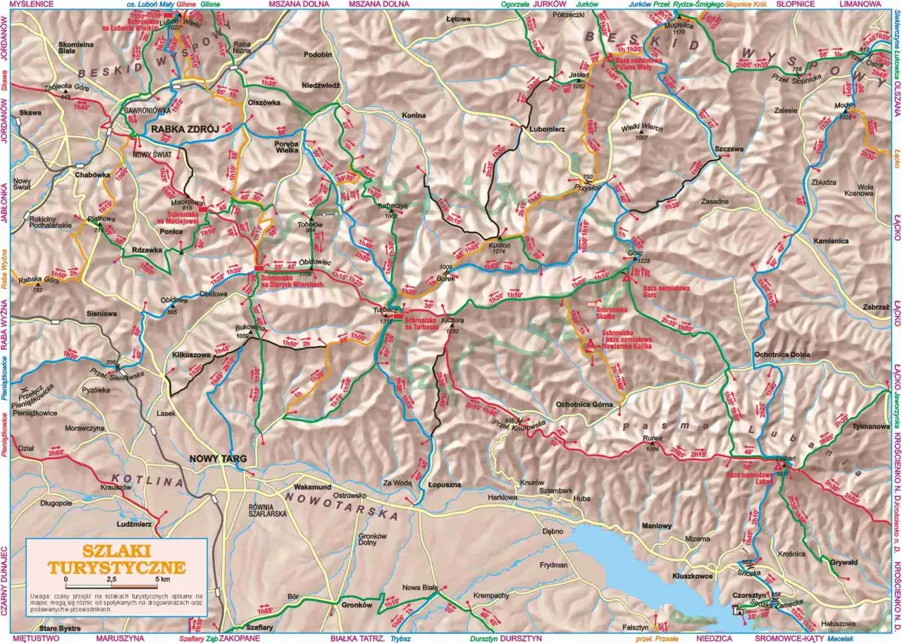 Mapa turystyczna z zaznaczonymi szlakami. Turbacz, gdzie jest? Znajduje się w Beskidzie Wyspowym, na wysokości 1315 m.
