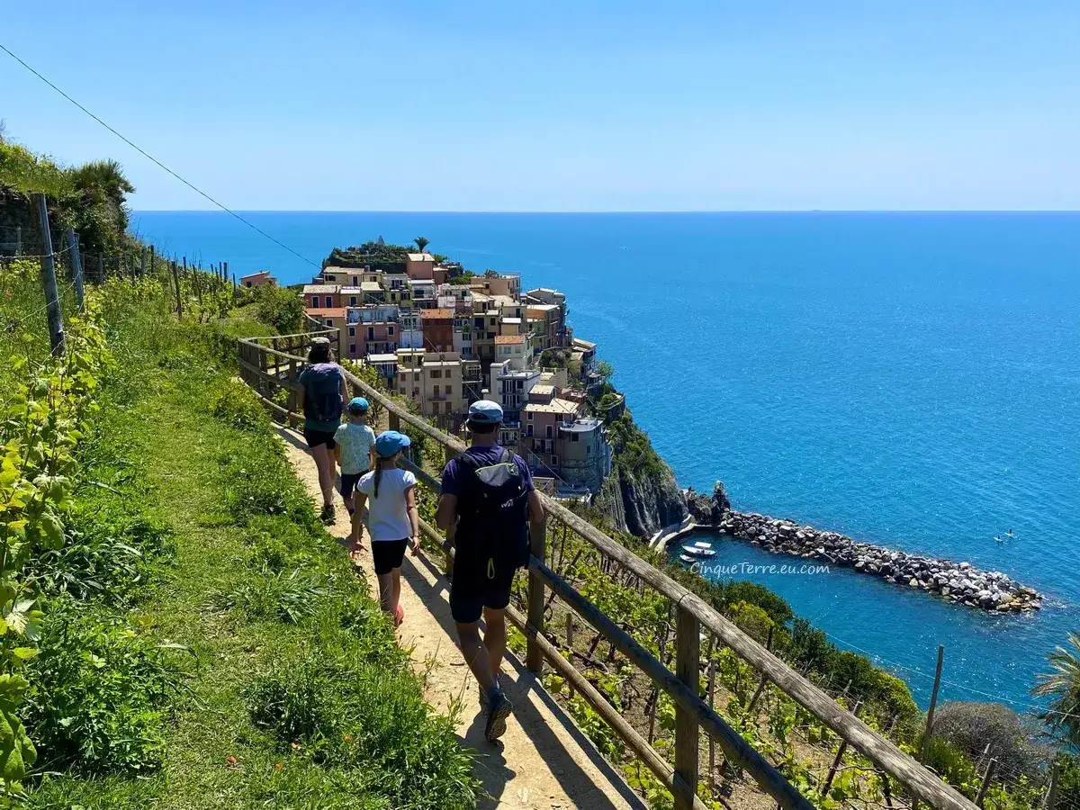Rodzina wędruje ścieżką w parku narodowym Cinque Terre, podziwiając widok na kolorowe domy i turkusowe morze.