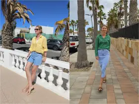 Fuerteventura luty pogoda: dwie kobiety w letnich strojach, jedna w żółtej koszuli i szortach, druga w zielonej bluzce i spódnicy, cieszą się słońcem i palmami.