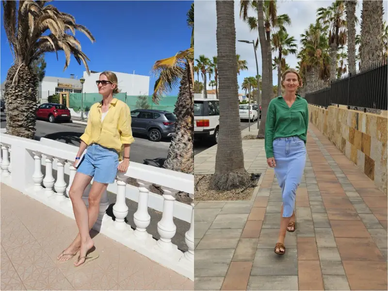 Fuerteventura luty pogoda: dwie kobiety w letnich strojach, jedna w żółtej koszuli i szortach, druga w zielonej bluzce i spódnicy, cieszą się słońcem i palmami.