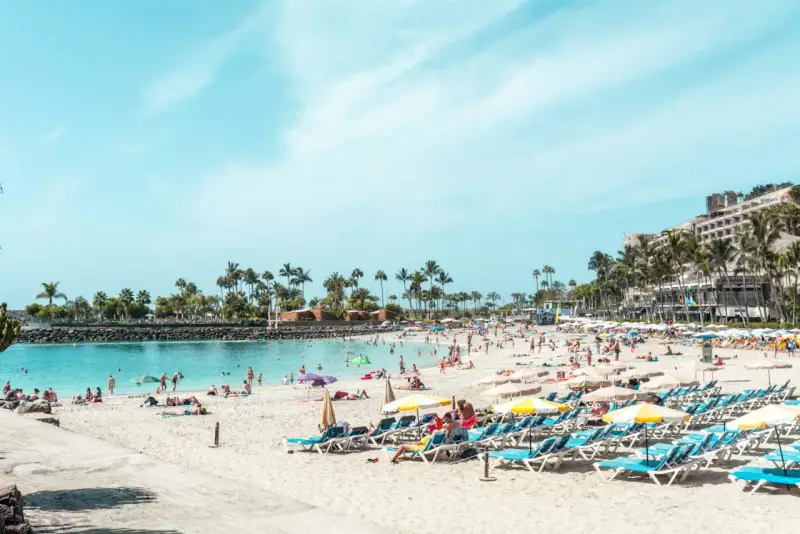 Tłum ludzi na plaży z leżakami i palmami. Idealne miejsce, by sprawdzić, która wyspa kanaryjska najcieplejsza w grudniu.